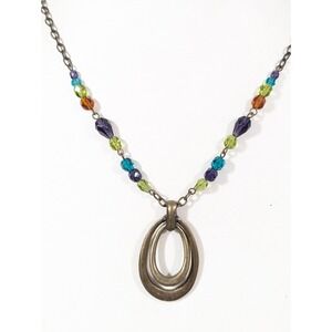 Boho Western CMc Bronze Tone Teardrop Purple Teal Green Glass Necklace 18 in